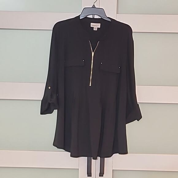 Avenue Tops - Avenue Blouse 3/4 Sleeve 1/4 Zip Shirt Tunic Top Black Gold Zipper 18/20 Plus